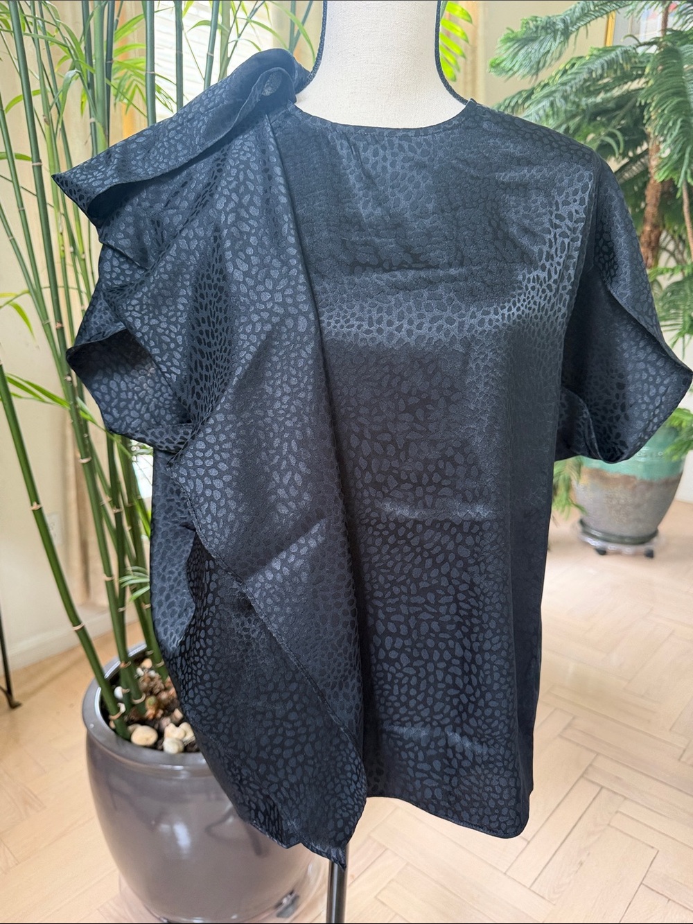 Black Ruffle Sleeve Satin-Texture Blouse